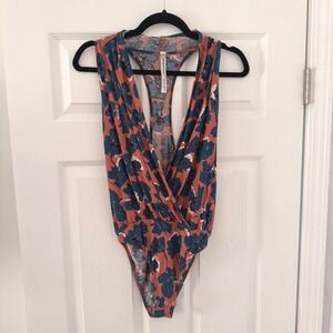 Free People Floral Print Deep V Neck Bodysuit Coral Teal Racerback M